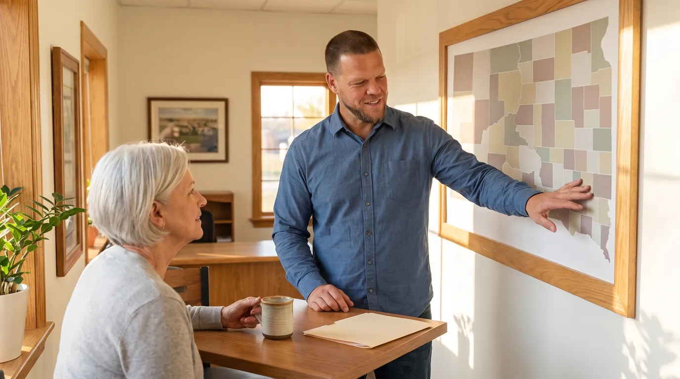 A Big Sioux Benefits advisor pointing to the southeast corner of a framed South Dakota county map on an office wall while an older woman seated at a small table listens