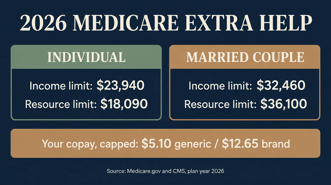 Infographic showing 2026 Medicare Extra Help limits: individual income limit $23,940 and resource limit $18,090, married couple income limit $32,460 and resource limit $36,100, and a capped copay of $5.10 for generic drugs and $12.65 for brand-name drugs, sourced from Medicare.gov and CMS