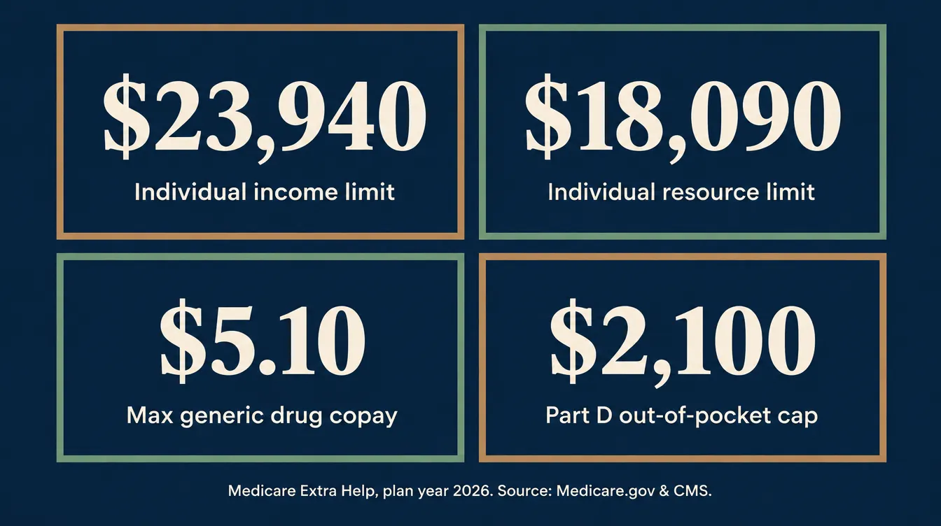 Stat card showing four sourced 2026 Medicare Extra Help figures: $23,940 individual income limit, $18,090 individual resource limit, $5.10 maximum generic copay, and $2,100 Part D out-of-pocket cap