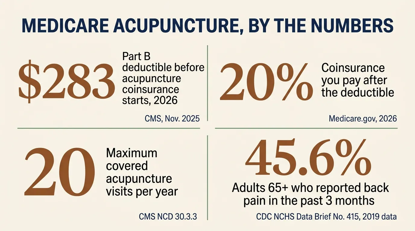 Stat card titled Medicare Acupuncture, By The Numbers, showing a 283 dollar 2026 Part B deductible before coinsurance starts, 20 percent coinsurance after the deductible, a maximum of 20 covered visits per year, and 45.6 percent of adults 65 and older reporting back pain in the past 3 months, sourced to CMS, Medicare.gov, CMS National Coverage Determination 30.3.3, and CDC NCHS Data Brief 415
