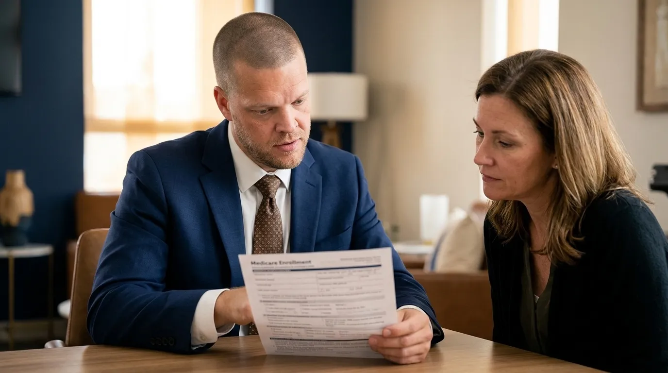 A Big Sioux Benefits Medicare advisor with closely buzzed hair, a strong jaw and light stubble, wearing a navy suit and brown tie, seated at a wooden table beside an adult daughter, both reviewing a printed Medicare enrollment form together in a warmly lit navy-toned office