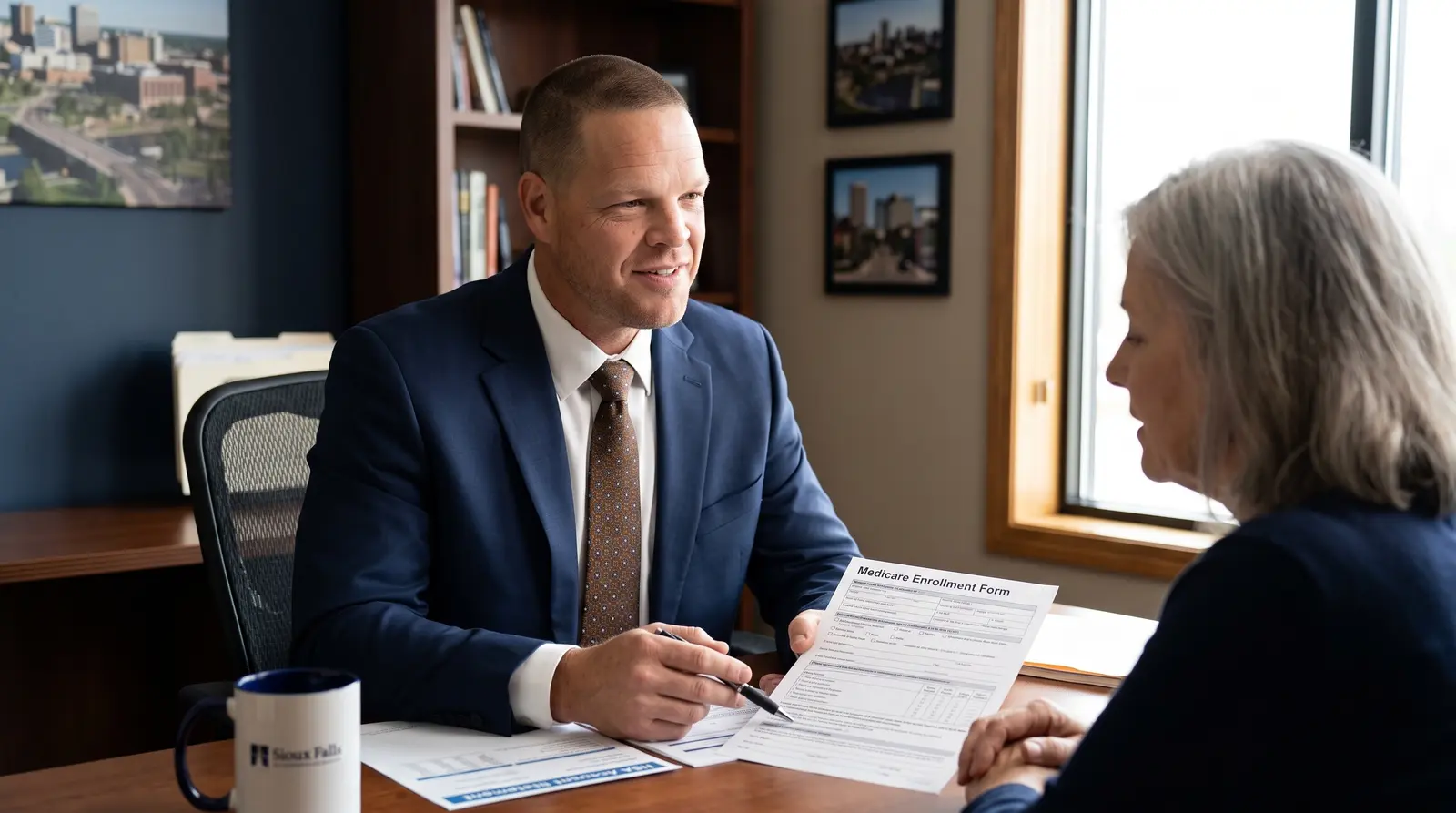 A Big Sioux Benefits Medicare advisor with closely buzzed hair, a strong jaw and light stubble, wearing a navy suit, seated at a desk reviewing an HSA statement and a Medicare enrollment form with a client in a warmly lit navy-toned office