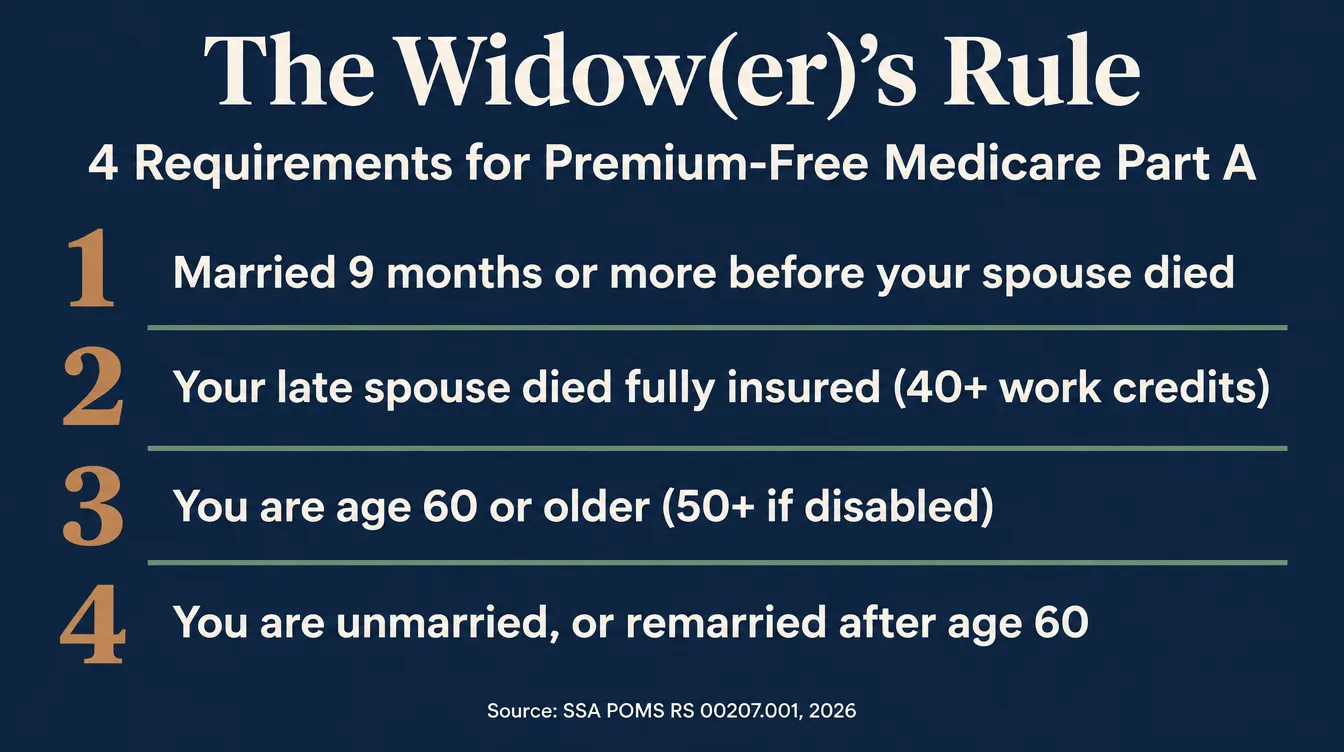 Infographic titled The Widow(er)'s Rule, 4 Requirements for Premium-Free Medicare Part A: 1, married 9 months or more before your spouse died; 2, your late spouse died fully insured with 40 or more work credits; 3, you are age 60 or older, or 50 or older if disabled; 4, you are unmarried, or remarried after age 60, sourced to SSA POMS RS 00207.001, 2026