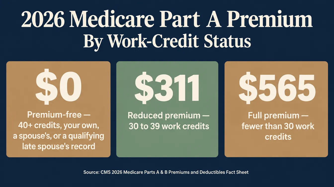 Stat card titled 2026 Medicare Part A Premium, By Work-Credit Status, showing three figures: 0 dollars for premium-free coverage with 40 or more work credits, your own, a spouse's, or a qualifying late spouse's record; 311 dollars for a reduced premium with 30 to 39 work credits; and 565 dollars for the full premium with fewer than 30 work credits, sourced to CMS.gov's 2026 Medicare Parts A and B Premiums and Deductibles Fact Sheet