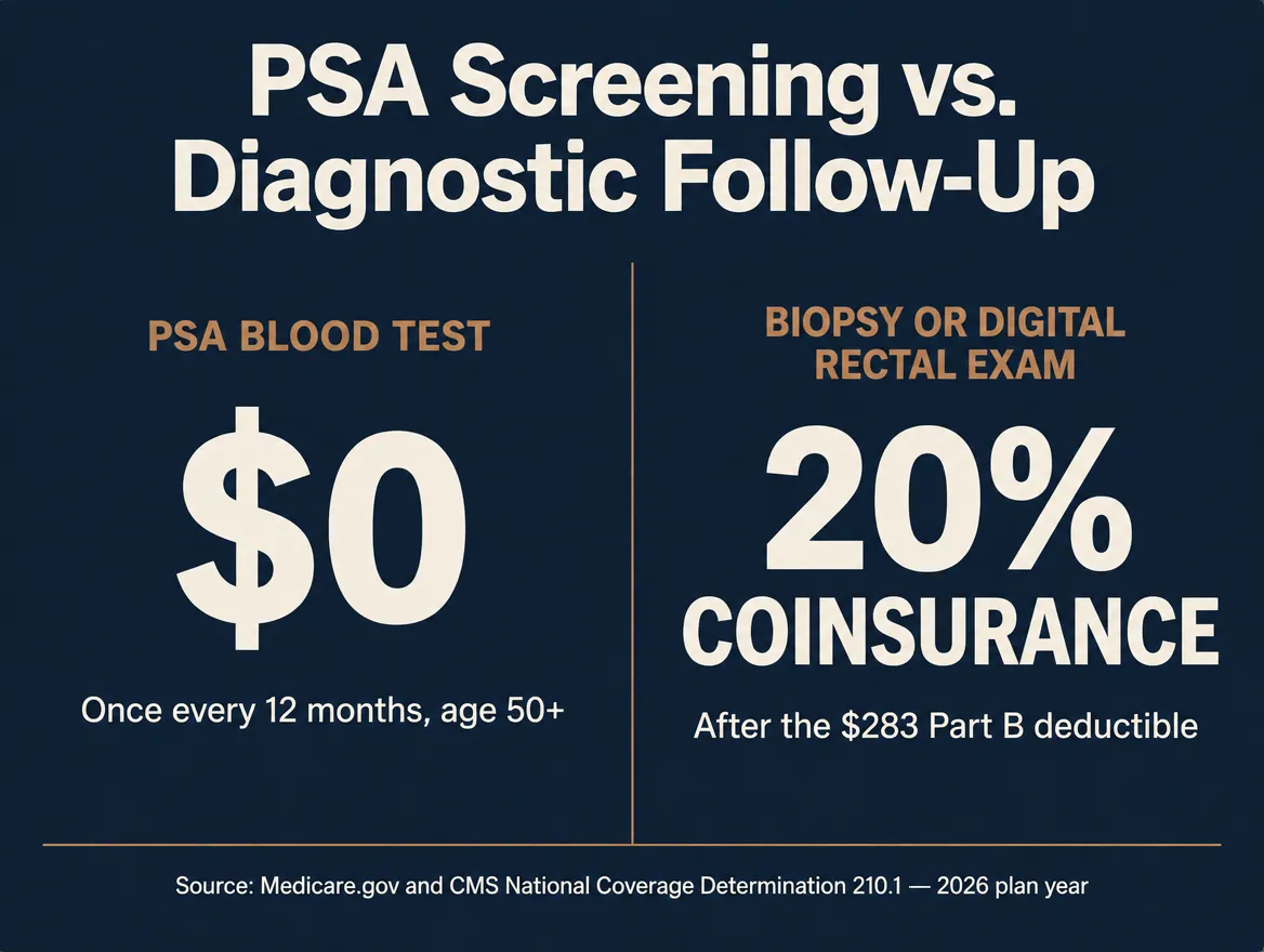 Infographic comparing Medicare prostate cancer screening costs: the PSA blood test is $0 once every 12 months for men 50 and older, while a biopsy or digital rectal exam carries 20% coinsurance after the 2026 Part B deductible of $283. Source: Medicare.gov and CMS National Coverage Determination 210.1, 2026 plan year.