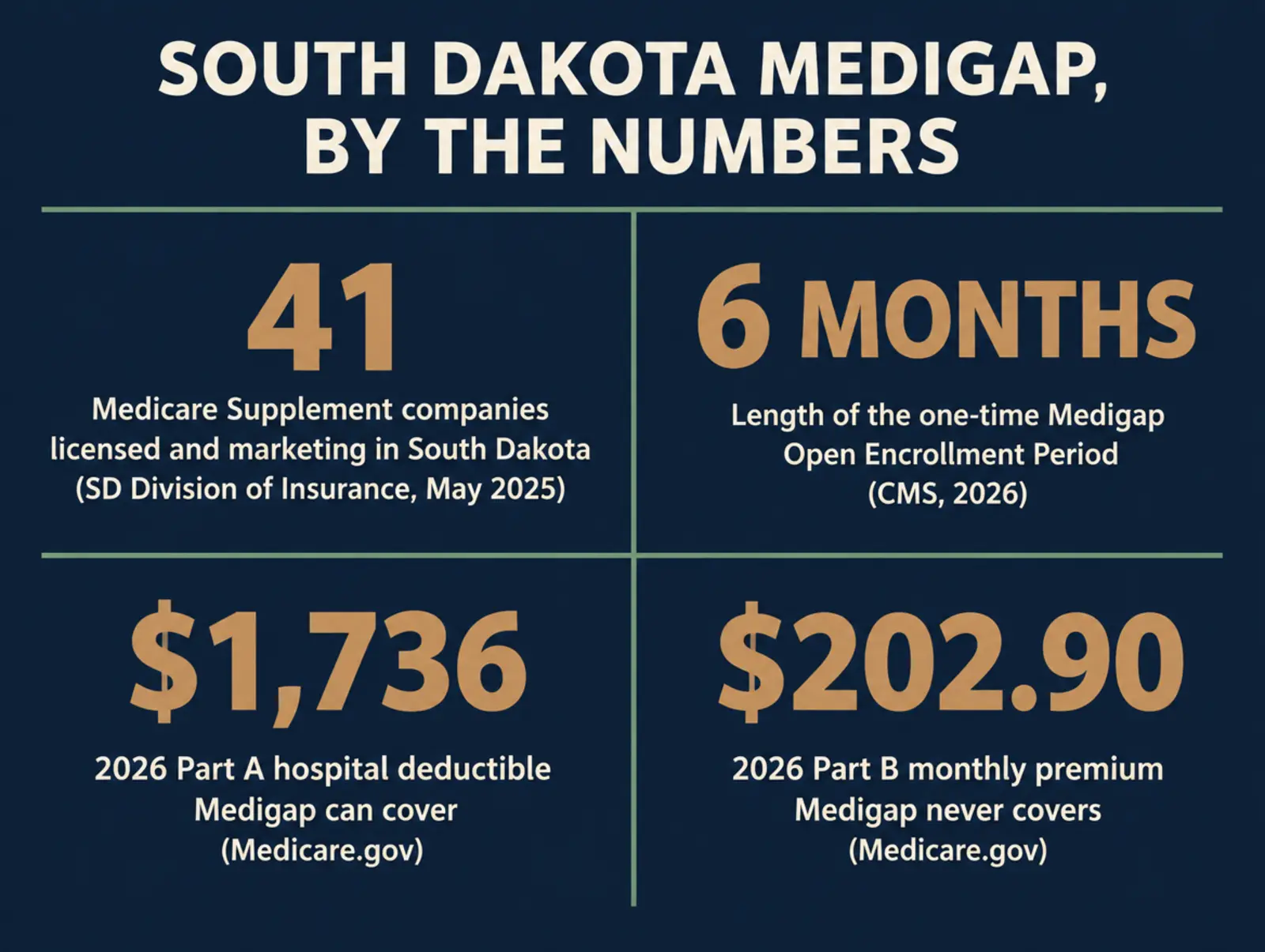 Stat card titled South Dakota Medigap By the Numbers showing four sourced figures: 41 Medicare Supplement companies licensed and actively marketing in South Dakota as of May 2025 per the SD Division of Insurance; 6 months is the length of the one-time Medigap Open Enrollment Period per CMS; 1,736 dollars is the 2026 Medicare Part A hospital deductible that Medigap can cover, per Medicare.gov; 202.90 dollars is the 2026 standard Medicare Part B monthly premium that Medigap never covers, per Medicare.gov