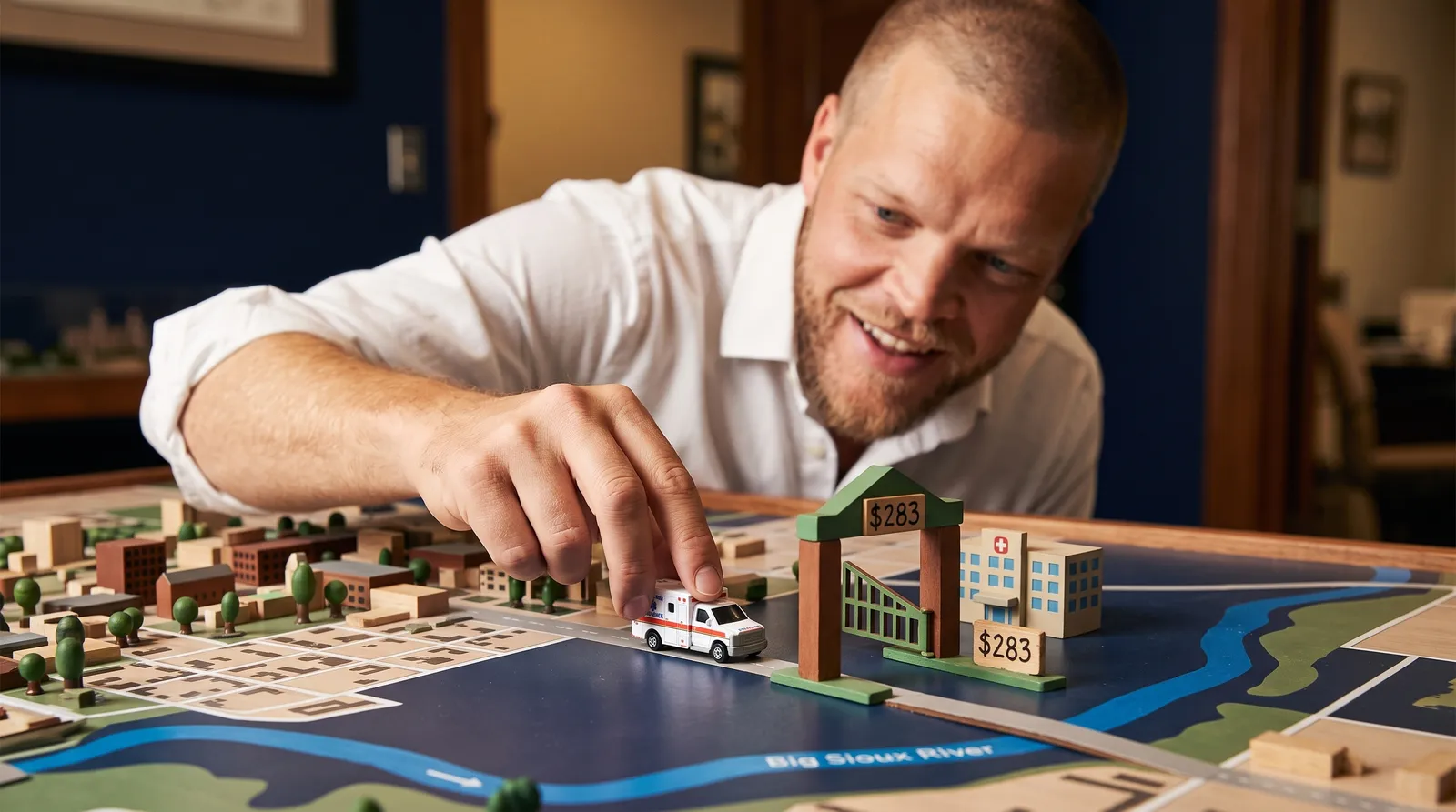 A Big Sioux Benefits advisor guiding a small toy ambulance across a tabletop map of Sioux Falls through a miniature green tollgate marked 283 dollars, illustrating the 2026 Medicare Part B ambulance deductible