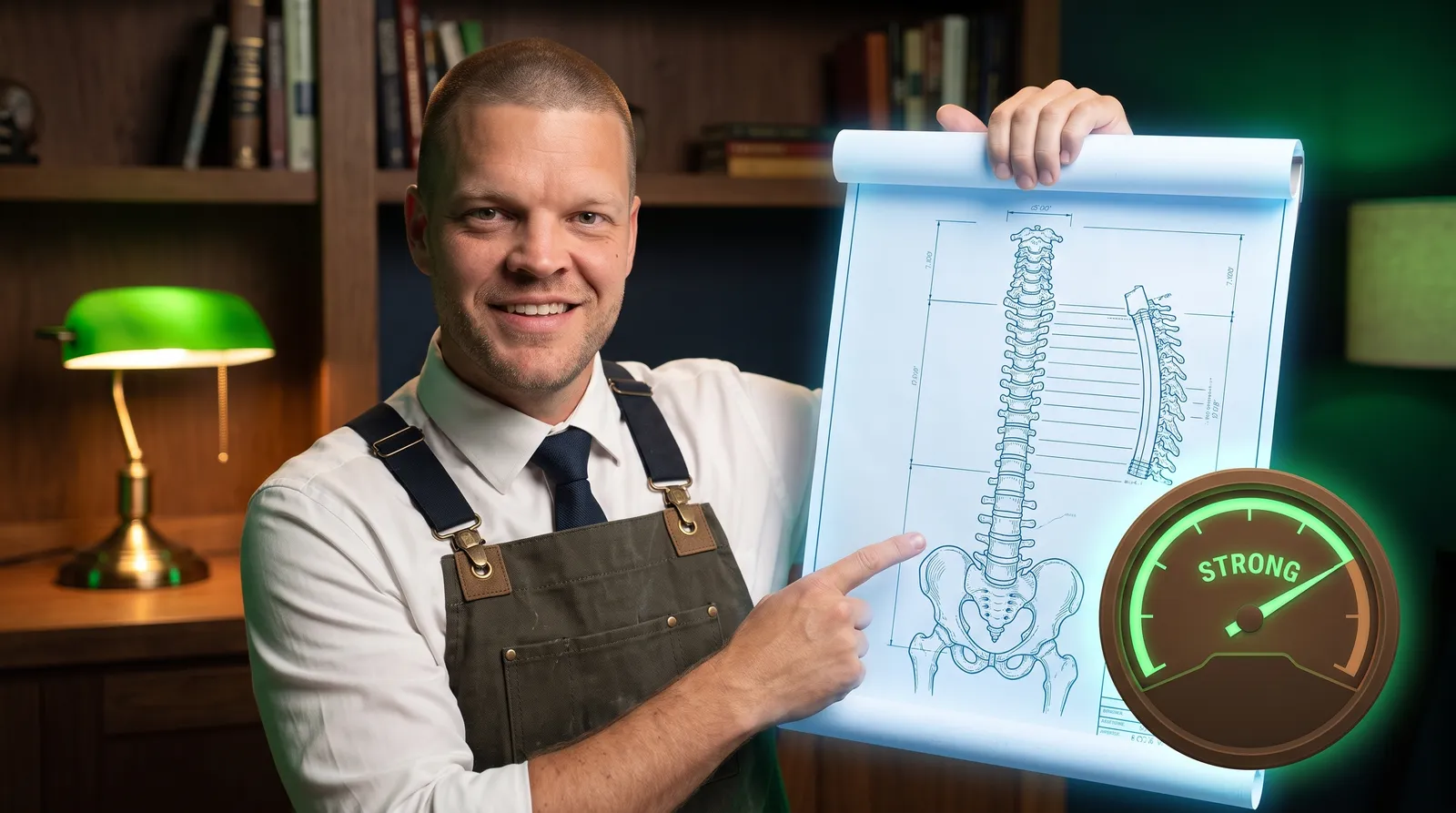 Big Sioux Benefits advisor Mike Moore, wearing a work apron, pointing to a glowing blueprint-style diagram of a spine and hip next to a density gauge reading 'strong,' representing how Medicare covers bone density screening