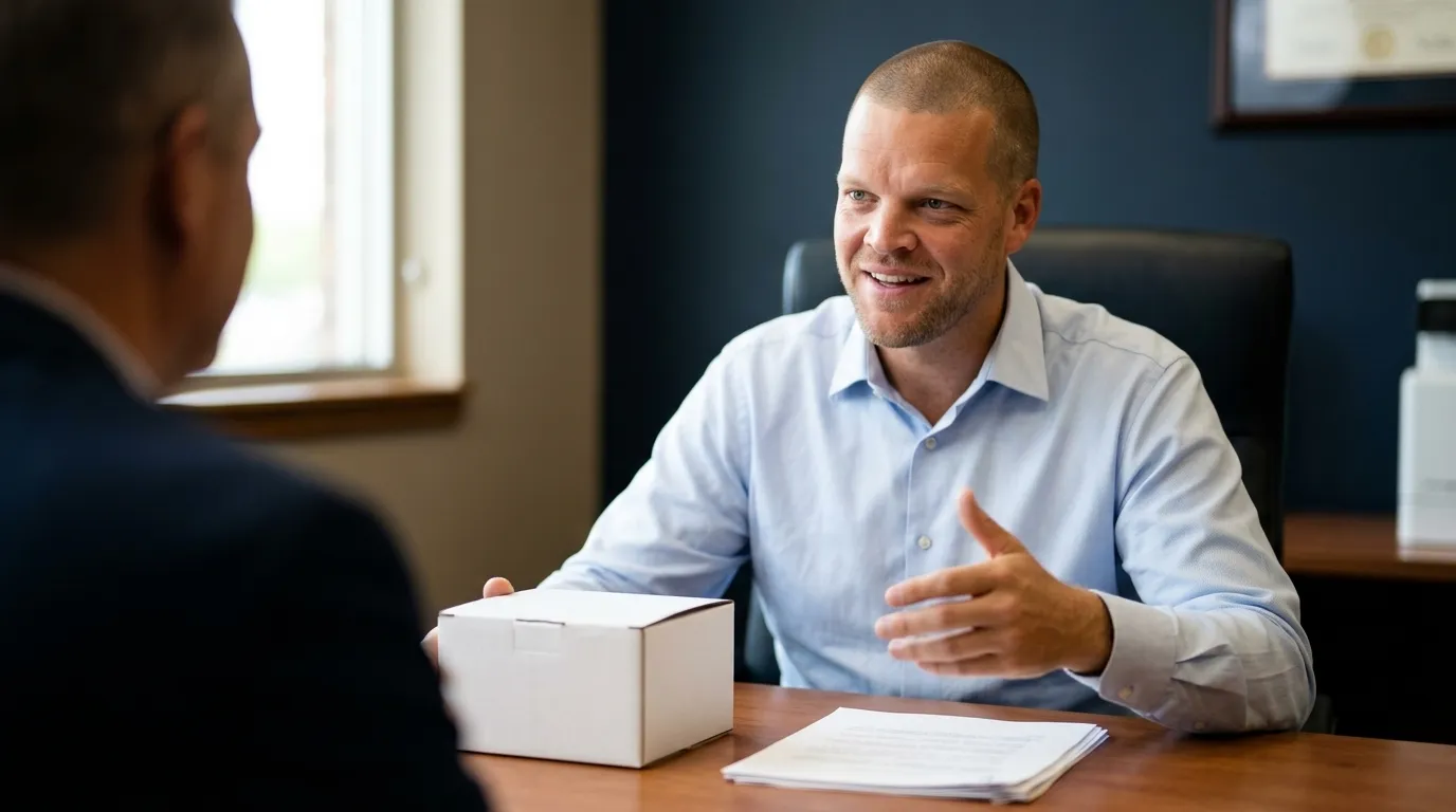 A Big Sioux Benefits advisor in a navy-toned Sioux Falls office, handing a plain white CPAP equipment box across the desk to a client and reviewing paperwork with him