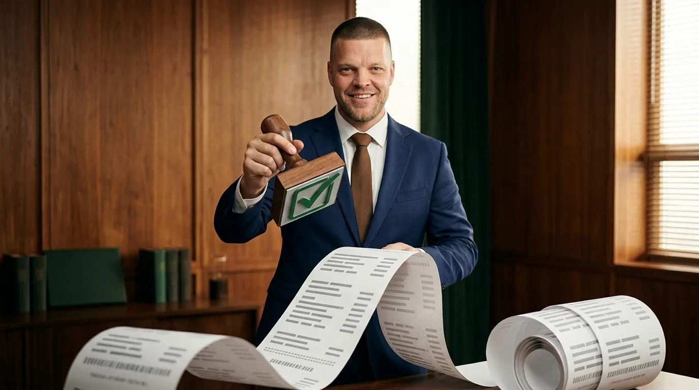 A Big Sioux Benefits advisor holding a wooden rubber stamp with a green checkmark, about to stamp a long unrolled pharmacy receipt that coils across his desk