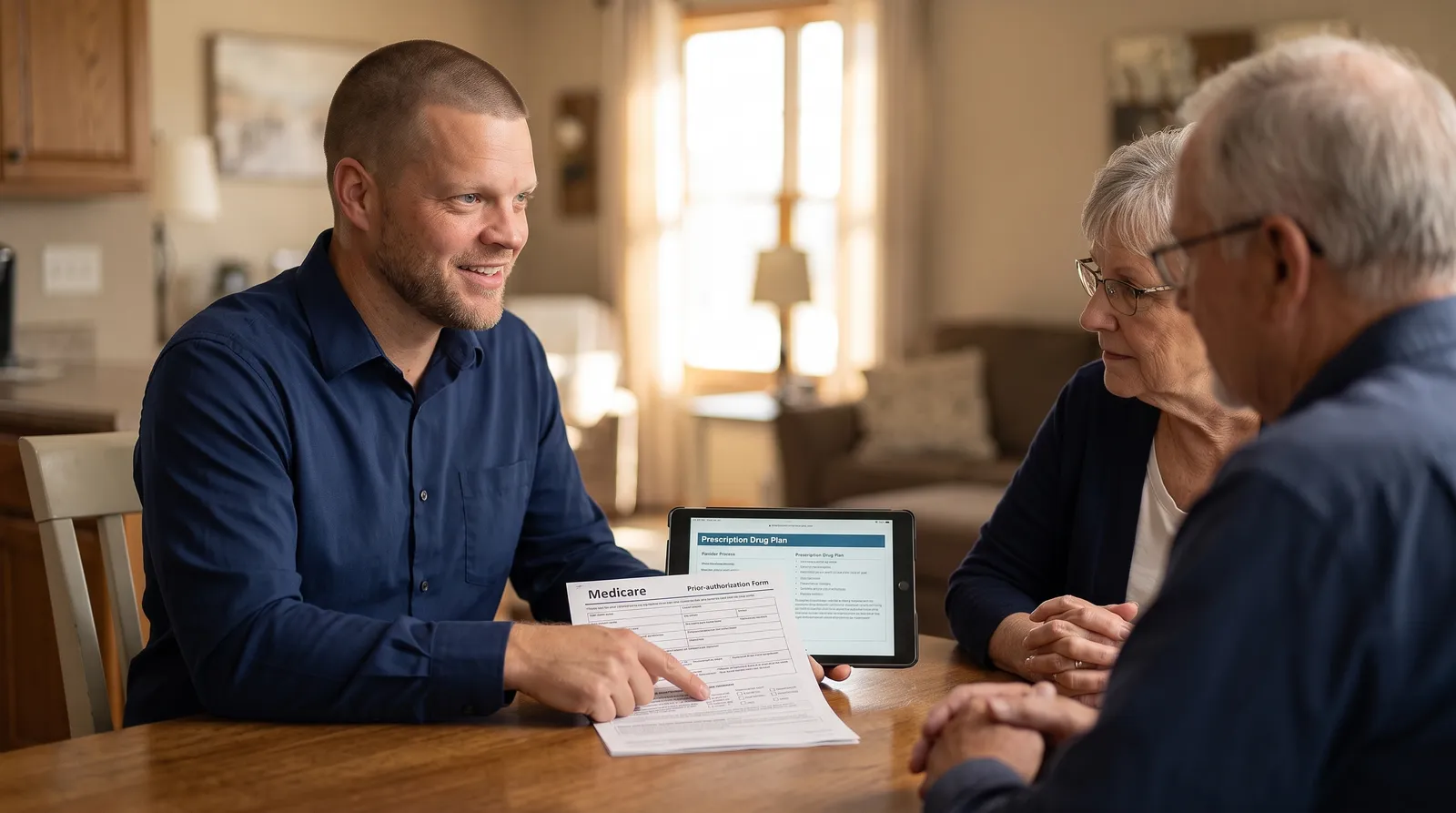 A Big Sioux Benefits advisor reviewing a Medicare Part D prior authorization form with a client at a Sioux Falls kitchen table, discussing GLP-1 weight-loss drug coverage