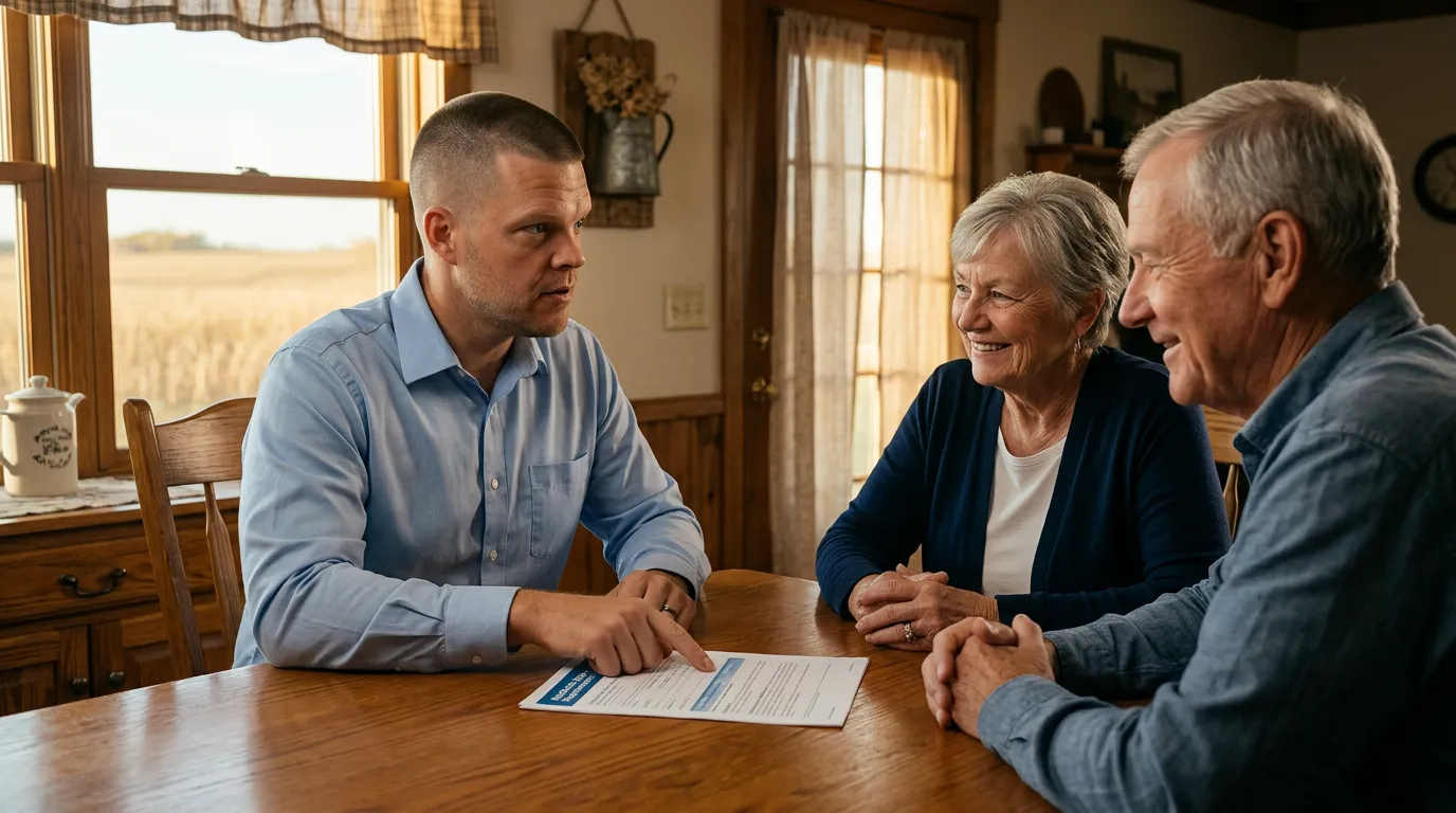 A Big Sioux Benefits advisor sits at a kitchen table with an older couple in a rural southwest Minnesota home, reviewing a Medicare Supplement insurance document together, warm Midnight navy and brown palette
