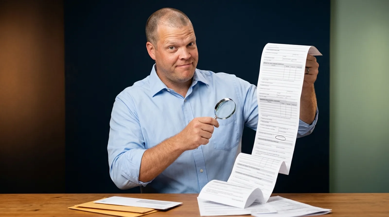 A Big Sioux Benefits advisor holding a magnifying glass over a highlighted line on a long, unfolded Medicare Summary Notice at his desk