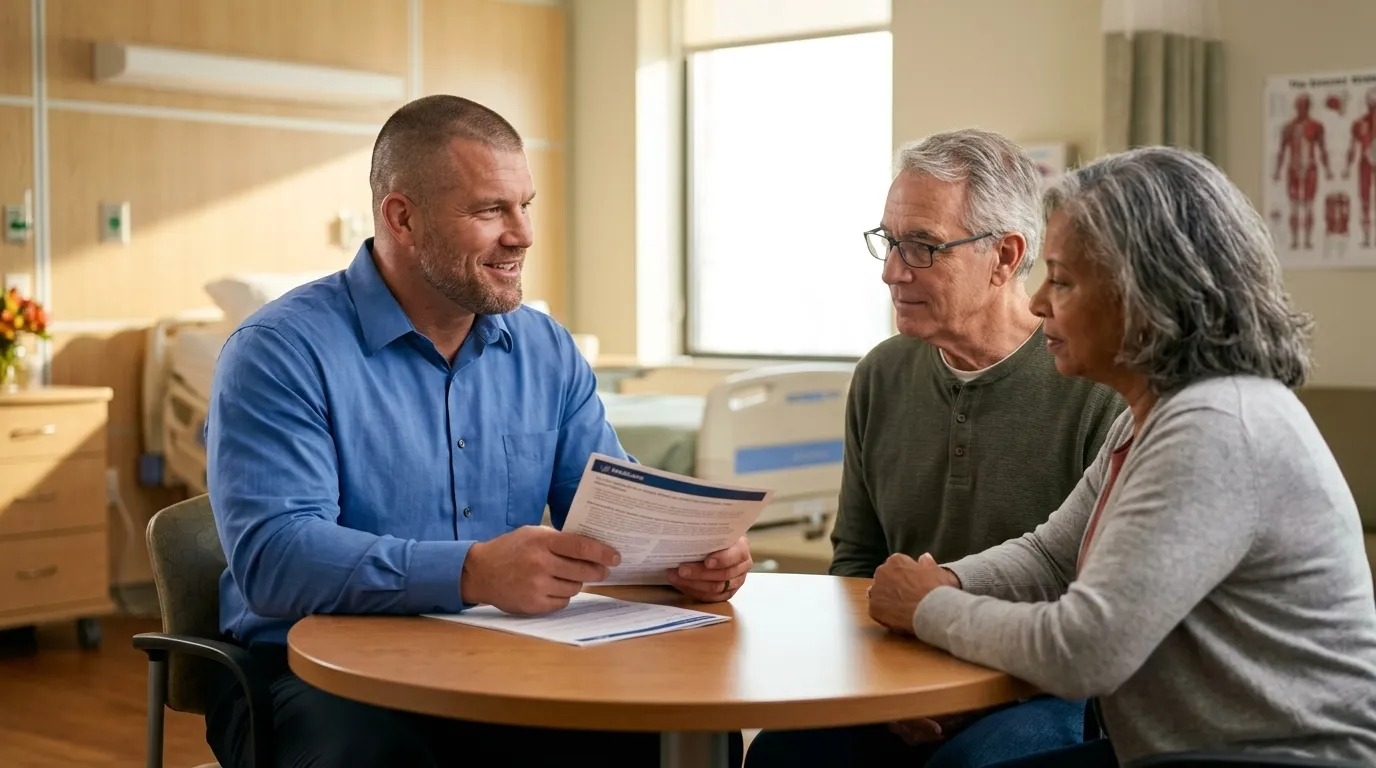 Big Sioux Benefits advisor Mike Moore reviewing Medicare observation status paperwork with an older couple in a hospital consultation room in Sioux Falls