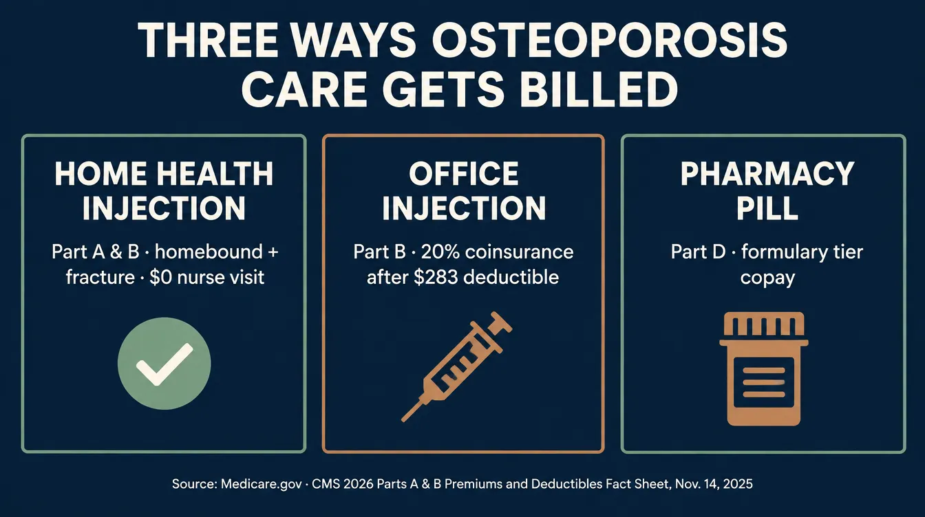 Infographic titled 'Three ways osteoporosis care gets billed' showing three panels: home health injection under Part A and B for homebound patients with a fracture at $0 for the nurse visit, office injection under Part B at 20 percent coinsurance after the 283 dollar deductible, and pharmacy pill under Part D at a formulary tier copay, sourced from Medicare.gov and the CMS 2026 Parts A and B premiums and deductibles fact sheet