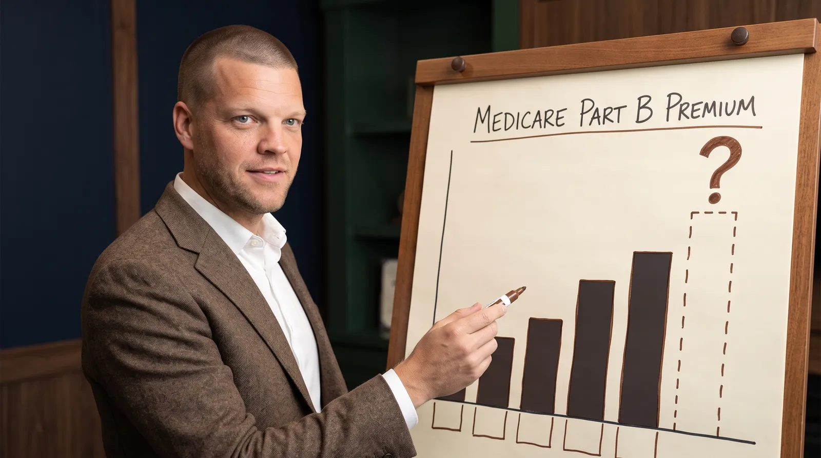 A Big Sioux Benefits advisor standing at a chart easel, pointing at a dashed, question-marked 2027 bar on a rising Medicare Part B premium chart