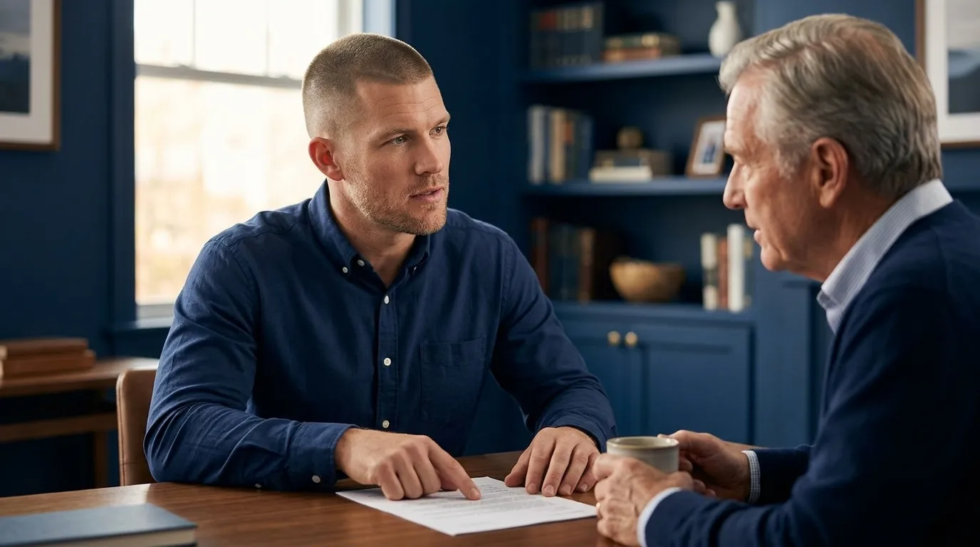 Big Sioux Benefits advisor Mike sitting at a table with a senior male client, pointing to a Medicare benefits letter during a prostate cancer screening coverage conversation