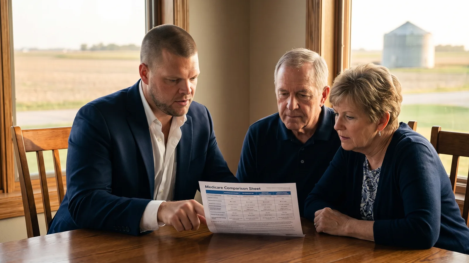 A Big Sioux Benefits advisor reviewing a Medicare comparison sheet with an older couple at their kitchen table, with Iowa farmland and a grain silo visible through the window behind them
