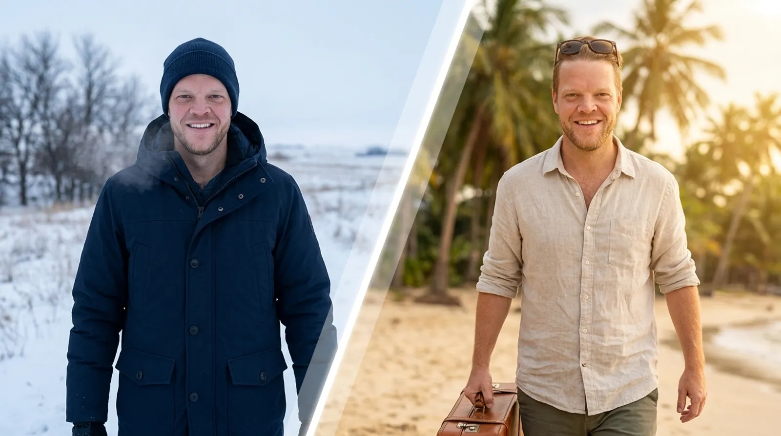 A Big Sioux Benefits advisor split in one photo between a snowy South Dakota winter, bundled in a parka and stocking cap, and a sunny southern beach in a linen shirt with a suitcase, illustrating a snowbird's Medicare Advantage coverage moving between the two