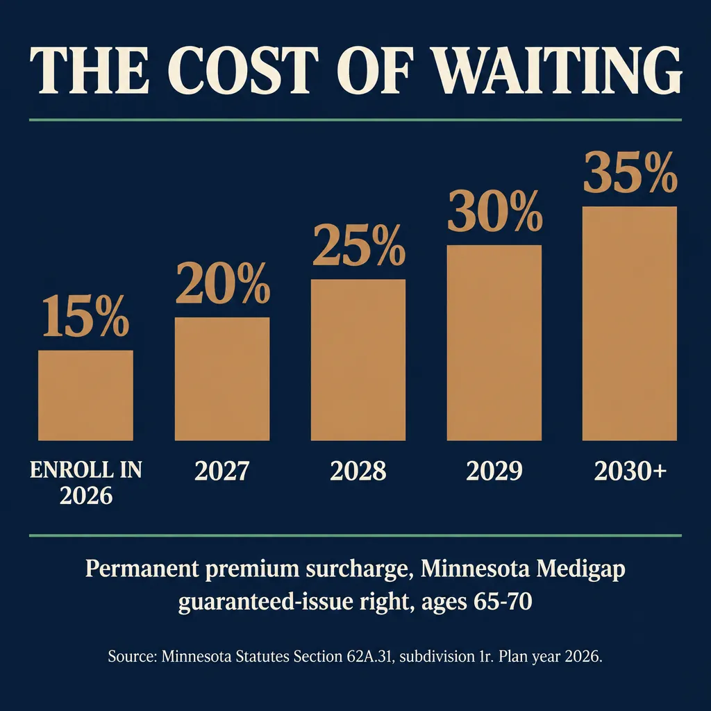 Stat card showing Minnesota's permanent Medicare Supplement guaranteed-issue surcharge schedule for people ages 65 to 70: 15 percent in 2026, 20 percent in 2027, 25 percent in 2028, 30 percent in 2029, and 35 percent in 2030 and later, sourced to Minnesota Statutes Section 62A.31 subdivision 1r, plan year 2026