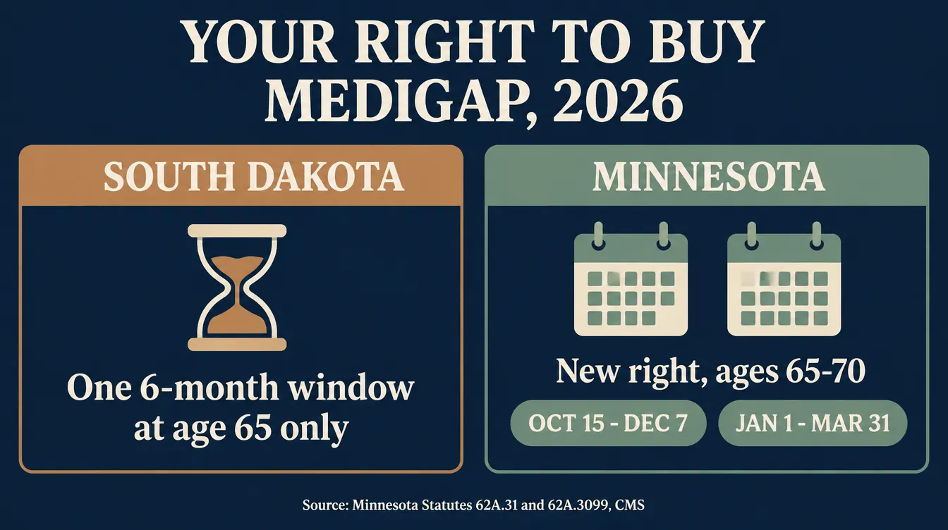 Infographic comparing Minnesota and South Dakota Medigap guaranteed-issue rules for 2026: South Dakota offers one 6-month window at age 65 only, while Minnesota adds a new one-time right for ages 65 to 70 usable each year during the October 15 to December 7 Annual Enrollment Period or the January 1 to March 31 Medicare Advantage Open Enrollment Period, sourced to Minnesota Statutes 62A.31 and 62A.3099 and CMS