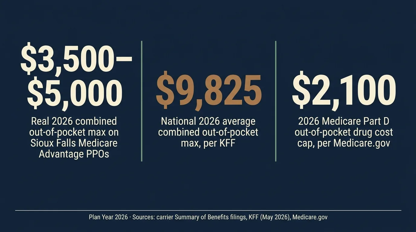 Stat card showing three 2026 figures: three thousand five hundred to five thousand dollars as the real combined out-of-pocket max on Sioux Falls Medicare Advantage PPOs, nine thousand eight hundred twenty five dollars as the national 2026 average combined out-of-pocket max per KFF, and two thousand one hundred dollars as the 2026 Medicare Part D out-of-pocket drug cost cap per Medicare.gov