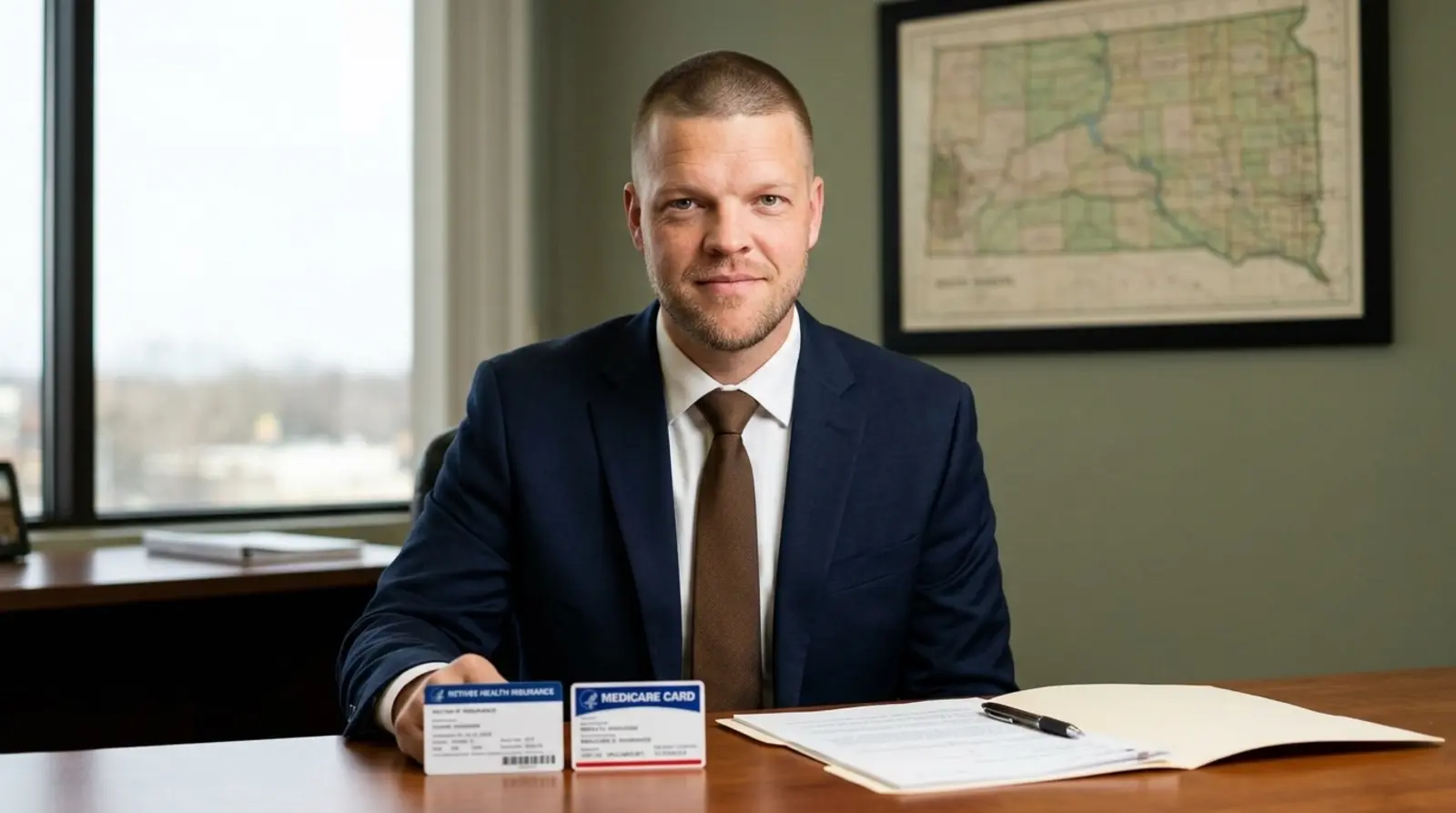 A Big Sioux Benefits Medicare advisor with closely buzzed hair, light stubble and a broad build, wearing a navy suit and brown tie, sitting at a wooden desk in a navy-toned Sioux Falls office, holding a retiree health insurance card next to a Medicare card with an open folder of papers on the desk and a framed map of South Dakota on the wall behind him