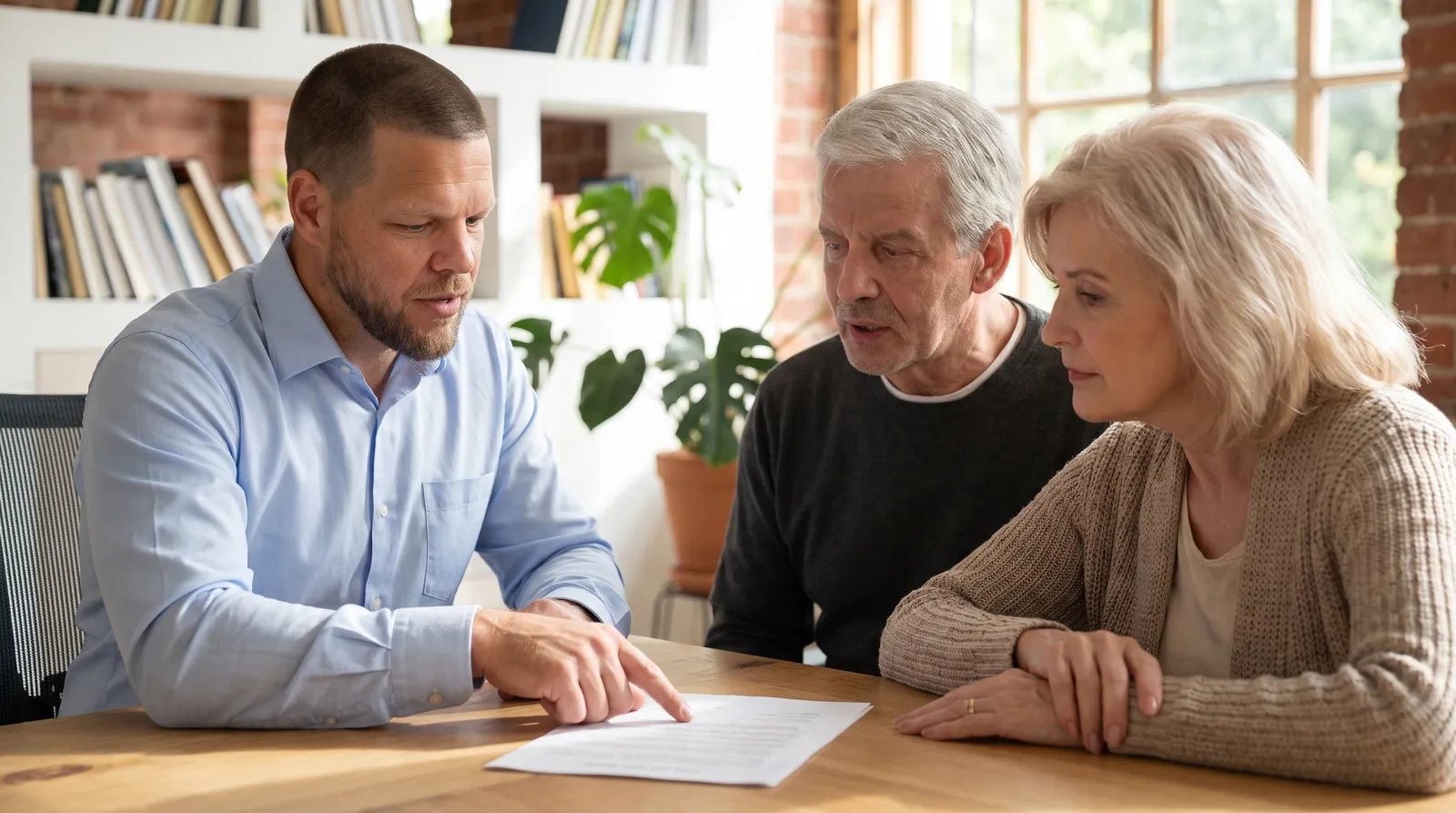 A Big Sioux Benefits advisor at a desk in a Sioux Falls office, pointing to a Medicare plan letter while an older couple reads along